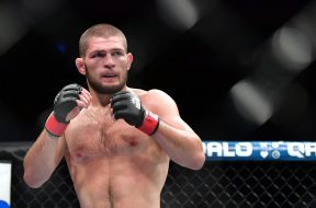 New York, USA. 12th November, 2016. Khabib Nurmagomedov « The Eagle » (red gloves) vs. Michael « The Menace » Johnson (blue gloves) during UFC 205 at Madison Square Garden. Credit:  Jason Silva/ Alamy Live News