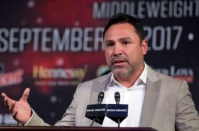 Oscar De La Hoya speaks during a news conference for Canelo Alvarez v Gennady Golovkin bout in Las Vegas