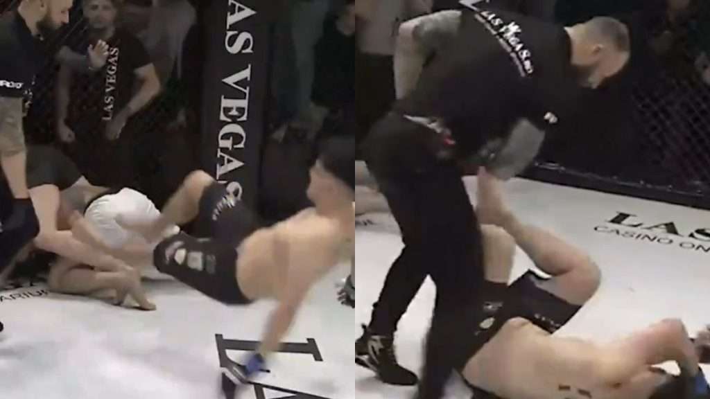 Un combat de MMA en 2 contre 1 devient encore plus intense lorsque l'arbitre de la rencontre décide lui aussi de se donner en spectacle. Il va même intervenir pour arrêter brutalement l'un des combattants.
